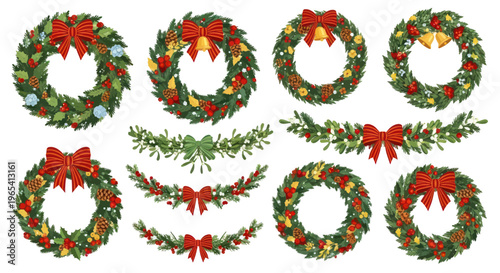 Christmas Wreaths and Garlands Collection with Red Bows and Bells