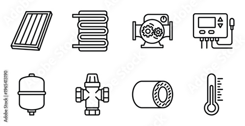 Solar thermal heating system components and climate control equipment line icons for energy efficiency