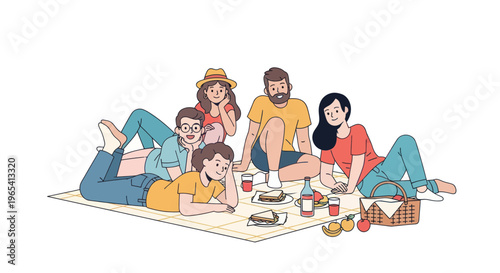 Diverse Group of Friends Enjoying a Picnic Outdoors on a Sunny Day