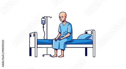 A bald person in a hospital gown sits on a hospital bed with an IV drip