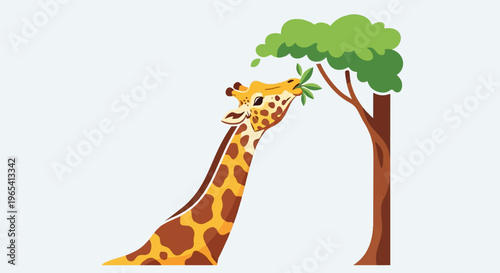 A cartoon giraffe with a long neck eats leaves from a tree