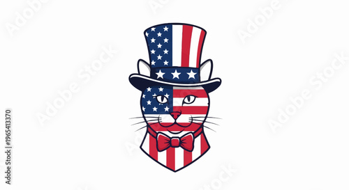 A cat wearing a top hat and bow tie, adorned with the American flag
