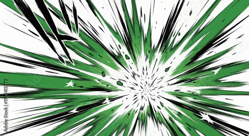 Explosion of green and black abstract lines on white background, dynamic motion effect