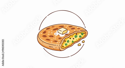A circular emblem surrounds a delicious stuffed bread with butter topping