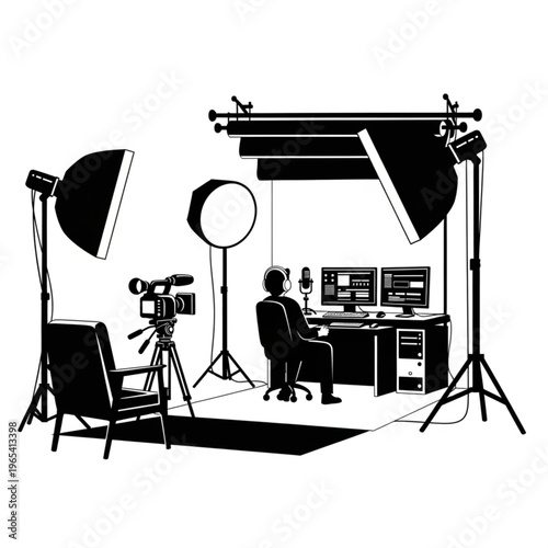 Podcast Studio Setup with Lights, Camera, and Editing Station.