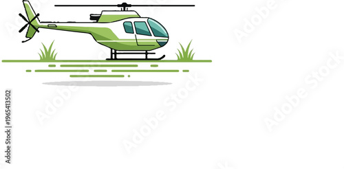 A green and white helicopter rests on a grassy field with a shadow