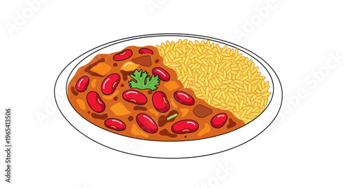 Hearty Bean Stew with Rice and Parsley Garnish on White Plate