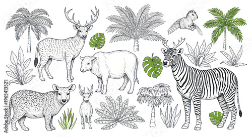 Hand-drawn African Wildlife and Tropical Plants Collection