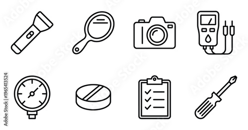 Technical inspection tools and plumbing diagnostic equipment icons including pressure gauge and meter