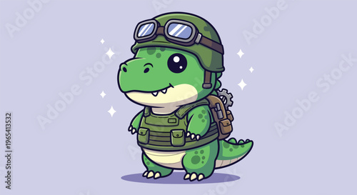 Cute Cartoon Dinosaur Soldier with Helmet and Backpack.