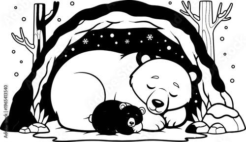A mother and cub bear sleeping in a den during winter snowfall