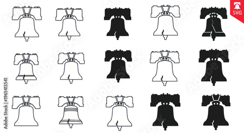 Liberty Bell Icons Set - Silhouette and Outline Variations