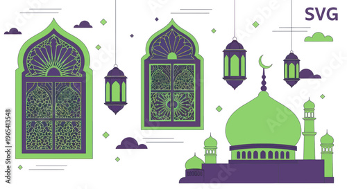 Islamic Architecture: Mosque Dome, Ornate Windows, Lanterns, Crescent Moon, Clouds