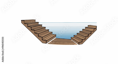 Wooden stairs descend into blue water with a connecting deck