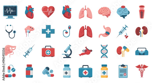 Medical Icons Set: Heart, Lungs, Brain, DNA, Stethoscope, Syringe, Pills, Caduceus
