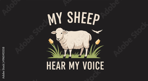 A sheep stands among tulips with a bird in flight above