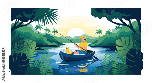 Man Fishing from Boat with Cat in Tropical River Scenery