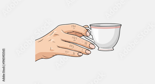 A human hand delicately holds a small, white teacup with pink trim