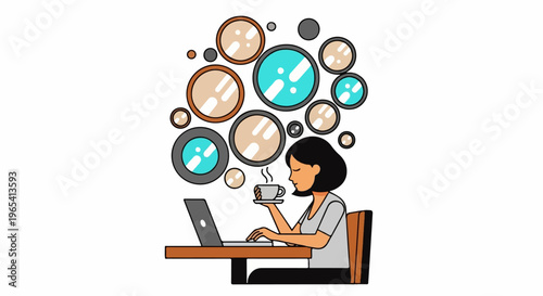 Woman working on laptop drinking coffee surrounded by thought bubbles of circles