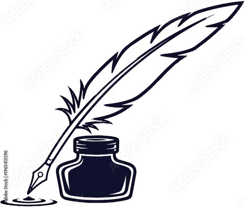 A quill pen dips into an inkwell, creating a ripple effect