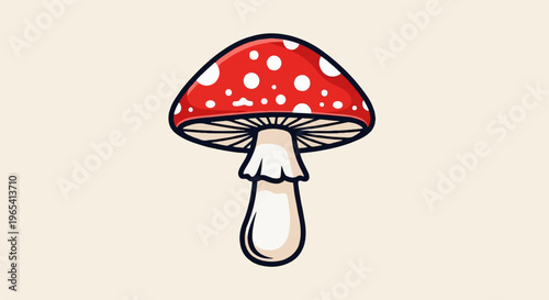 A whimsical cartoon illustration of a red mushroom with white spots