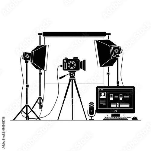Professional Video Recording Studio Setup with Camera, Lights, and Editing Station.