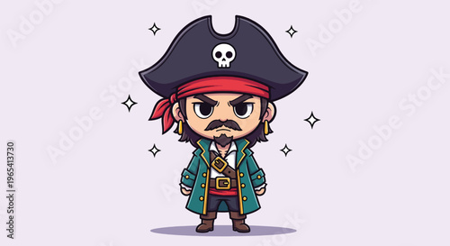 Cute cartoon pirate character illustration with hat and eyepatch.