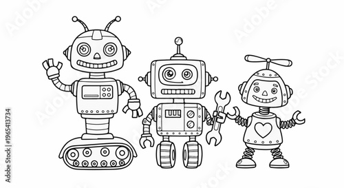 Three cartoon robots with big smiles and different features stand together