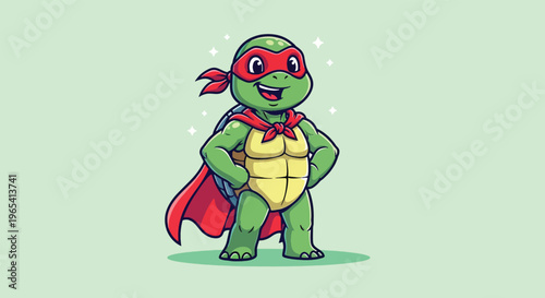 Cute Cartoon Superhero Turtle Standing Confidently.