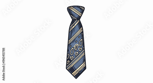 A blue and cream striped necktie with a paisley pattern