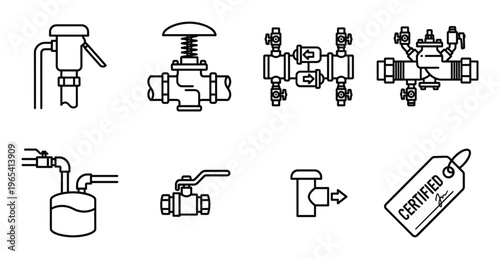 Various plumbing valves, filters, and fittings for water system control line art icons