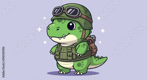 Cute Dinosaur Soldier Wearing Military Helmet and Vest.