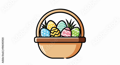 A cheerful basket overflows with vibrantly patterned Easter eggs