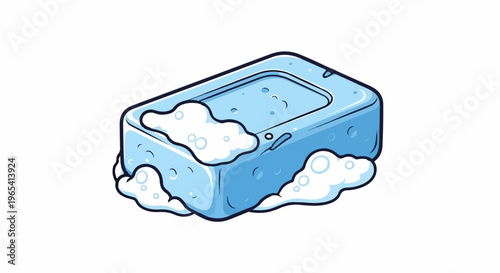Blue bar of soap with foamy suds, rendered in a cartoonish style