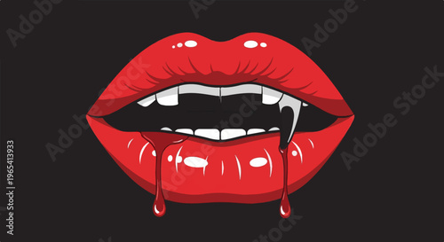 A close-up of shiny red lips with dripping blood, revealing fangs