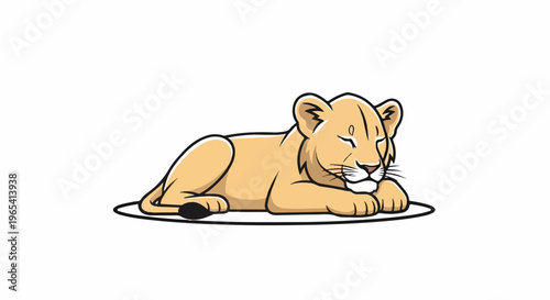 A cute cartoon lioness rests peacefully on a white background