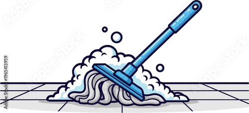 Blue mop with white strings and soap suds on tiled floor
