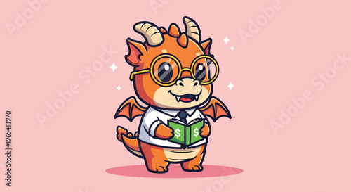 Cute Dragon Wearing Glasses Reading Book Cartoon Vector Icon Illustration.