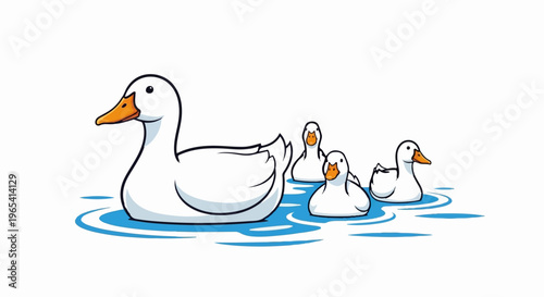 A family of white ducks swims in blue water