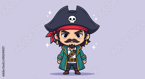 Cute Pirate Captain with Moustache and Hat Cartoon Illustration.