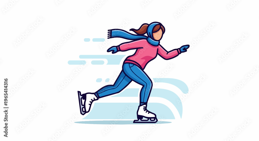 Obraz premium A person in pink and blue skates on ice, surrounded by stylized motion lines