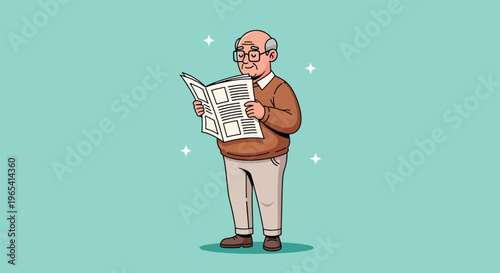 Elderly Man Reading Newspaper with Glasses Vector Illustration.