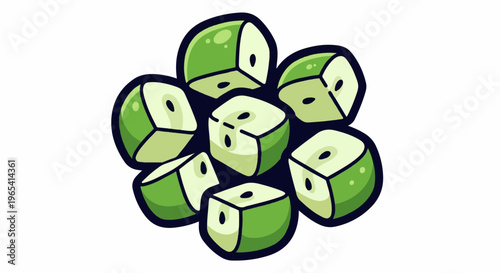A pile of stylized green apple slices, cut into cubes with seeds visible