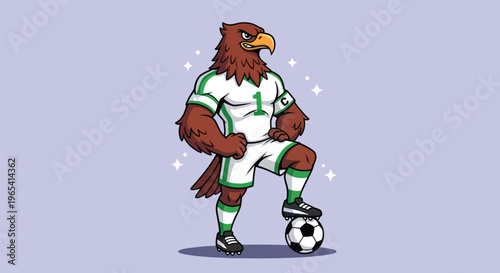 Eagle Mascot in Soccer Uniform with Ball.