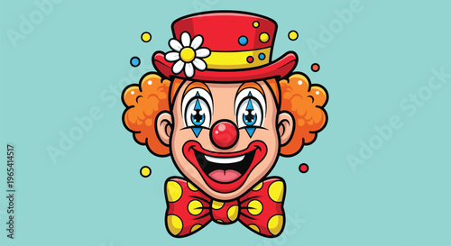 Happy Clown Face with Red Hat and Bowtie Vector Illustration.