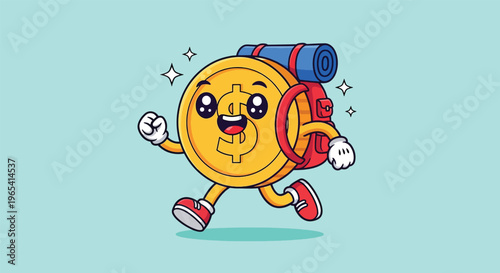 Happy Cartoon Coin Character with Backpack on a Journey.
