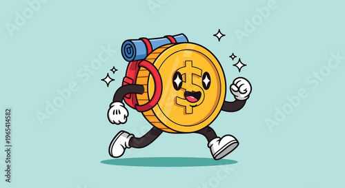 Happy dollar coin character with backpack running.