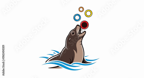 A seal balances a ball on its nose amidst colorful rings in water