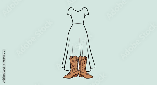 A white dress with cowboy boots peeking out from under the hemline