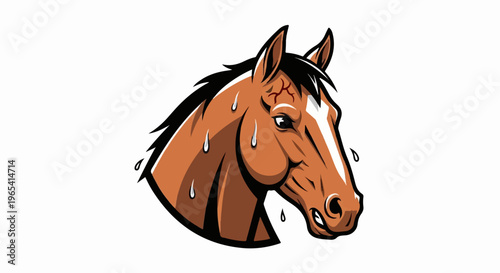 Stylized brown horse head with sweat drops and a fiery mane